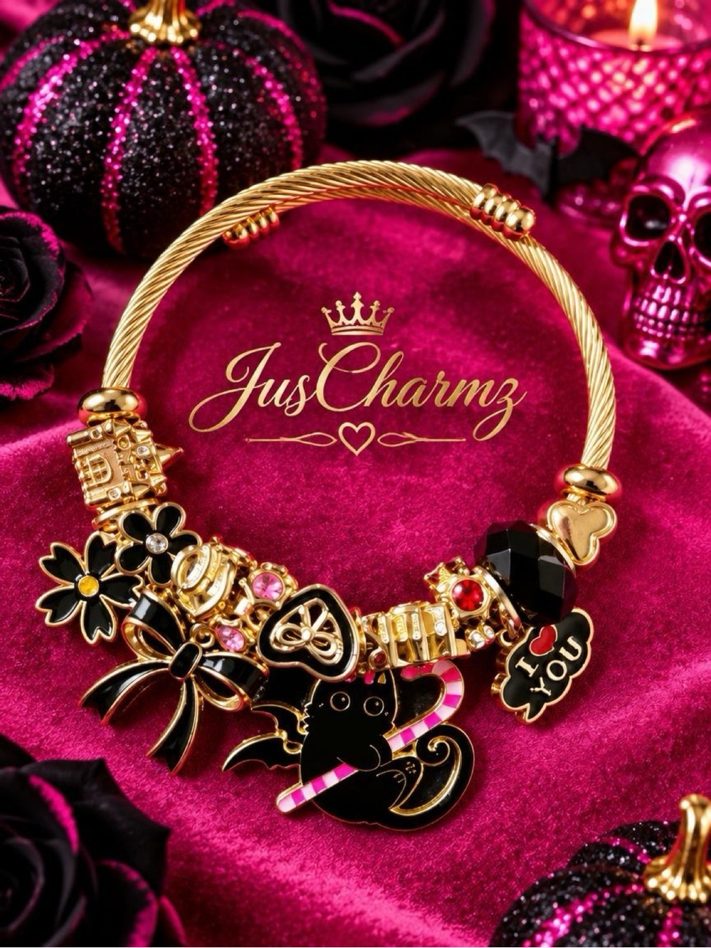 Spooky Pink Goth Black Cat Charm Bracelet | Whimsigoth Coquette
